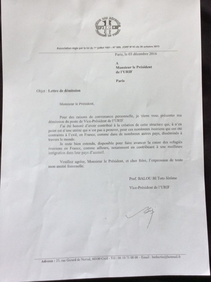 LETTRE DE DEMISSION DE BALOU-BI