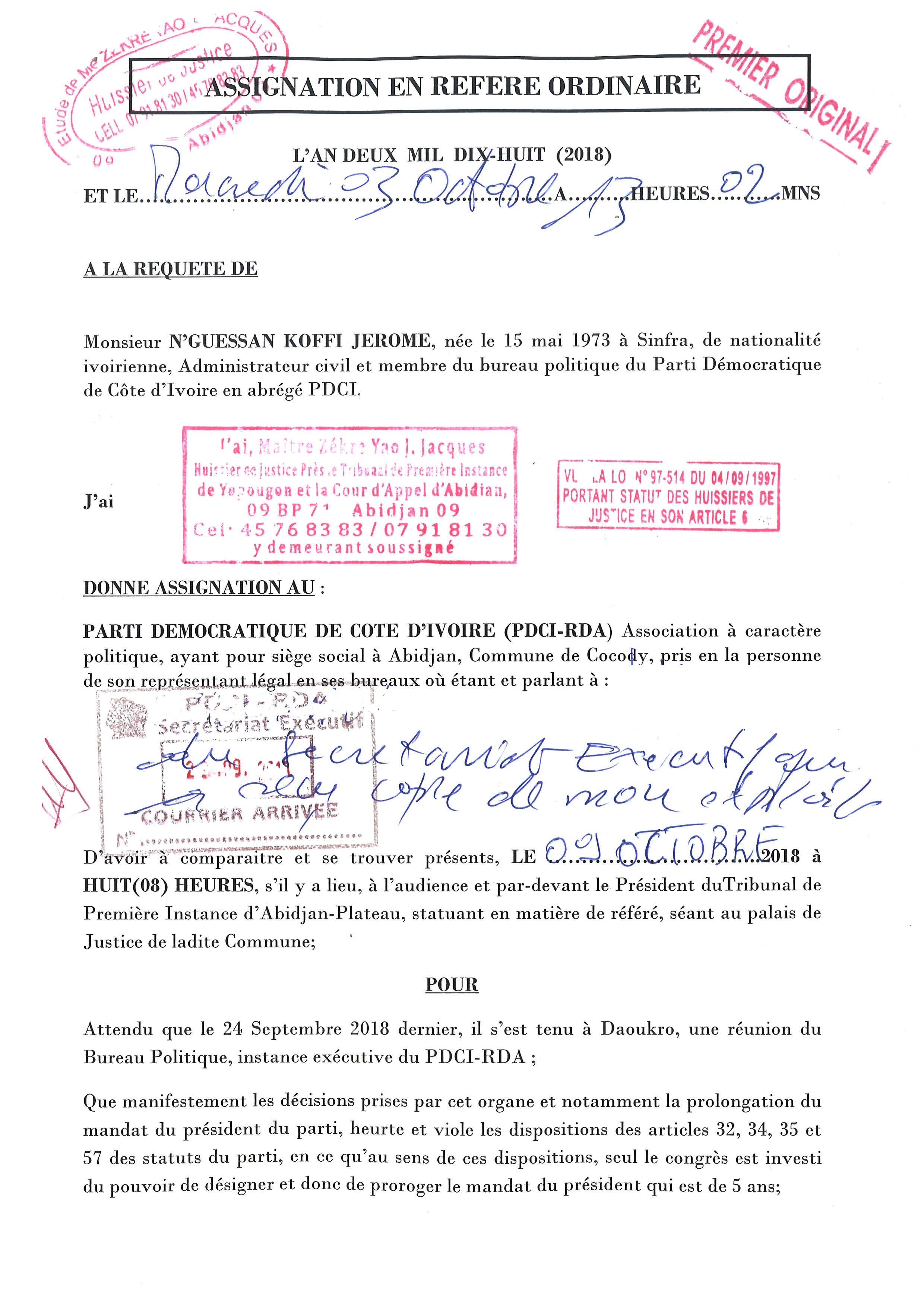 une copie de l’assignation de référé ordinaire