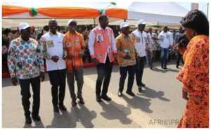 Amadou Koné et  ministres  Sidi Touré et Jean Claude Kouassi  lors de l’installation du coordinateur RHDP à Bouaké dans le Gbêkê