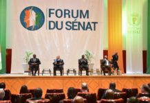 Le 1er Forum du Sénat de Côte d’Ivoire, ouvert à Yamoussoukro, hier :Gerard Larcher, Hamed Bakayoko aux côtés du Président Ahoussou