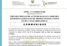 PRIX DES MEILLEURS ACTEURS DANS LE CADRE DES JOURNÉES NATIONALES DU PRODUCTEUR DU COTON ET DE L’ANACARDE (JNPCA)-COMMUNIQUE